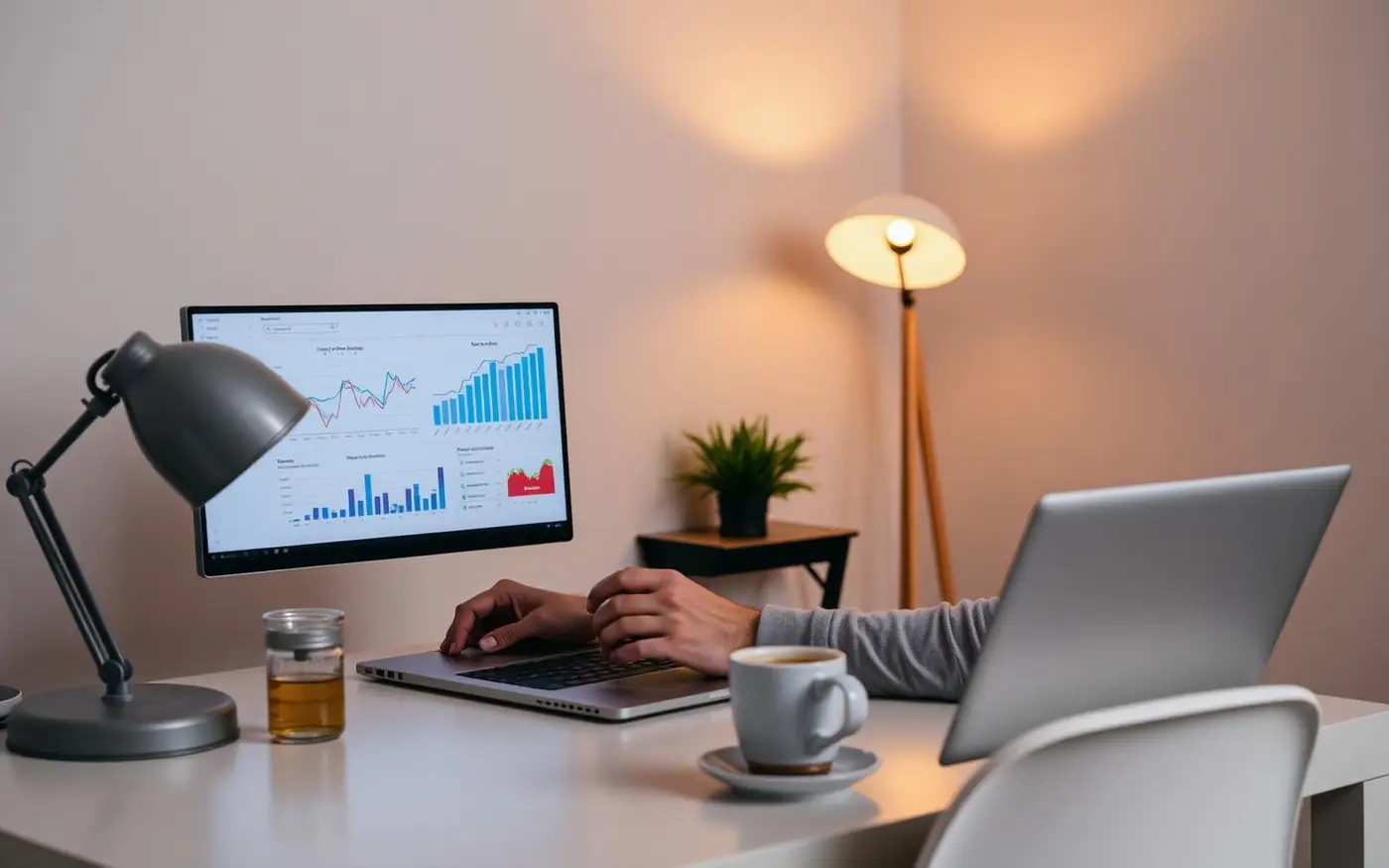 A creator at a tidy desk at night reviewing channel analytics charts on a laptop