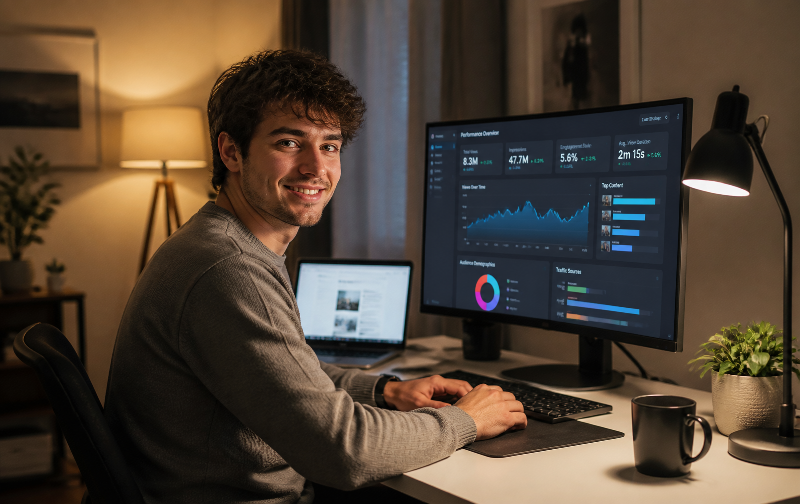 A creator at a tidy desk at night reviewing channel analytics charts on a laptop