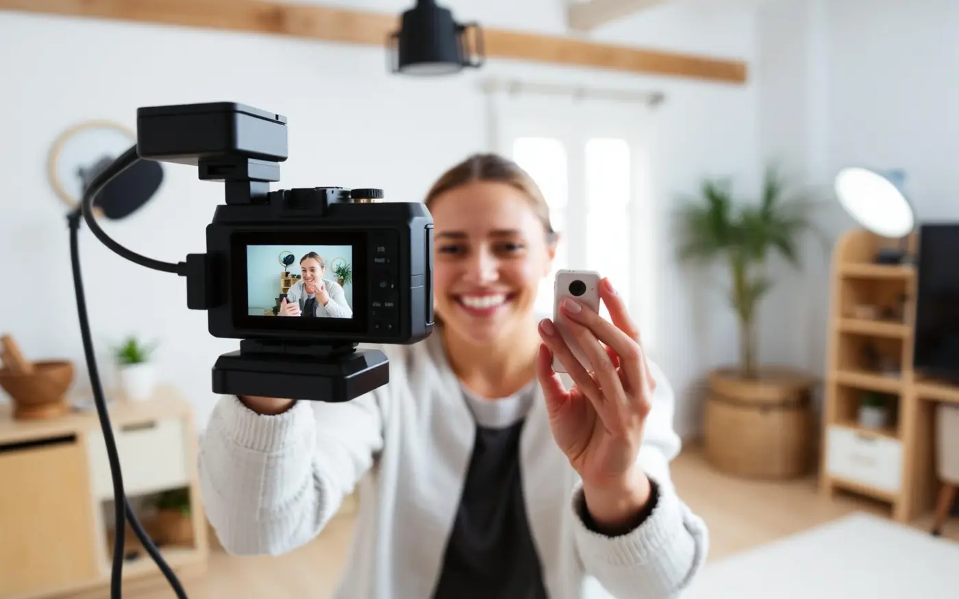 A smiling creator in a bright home studio filming a product review, holding the product up to the camera