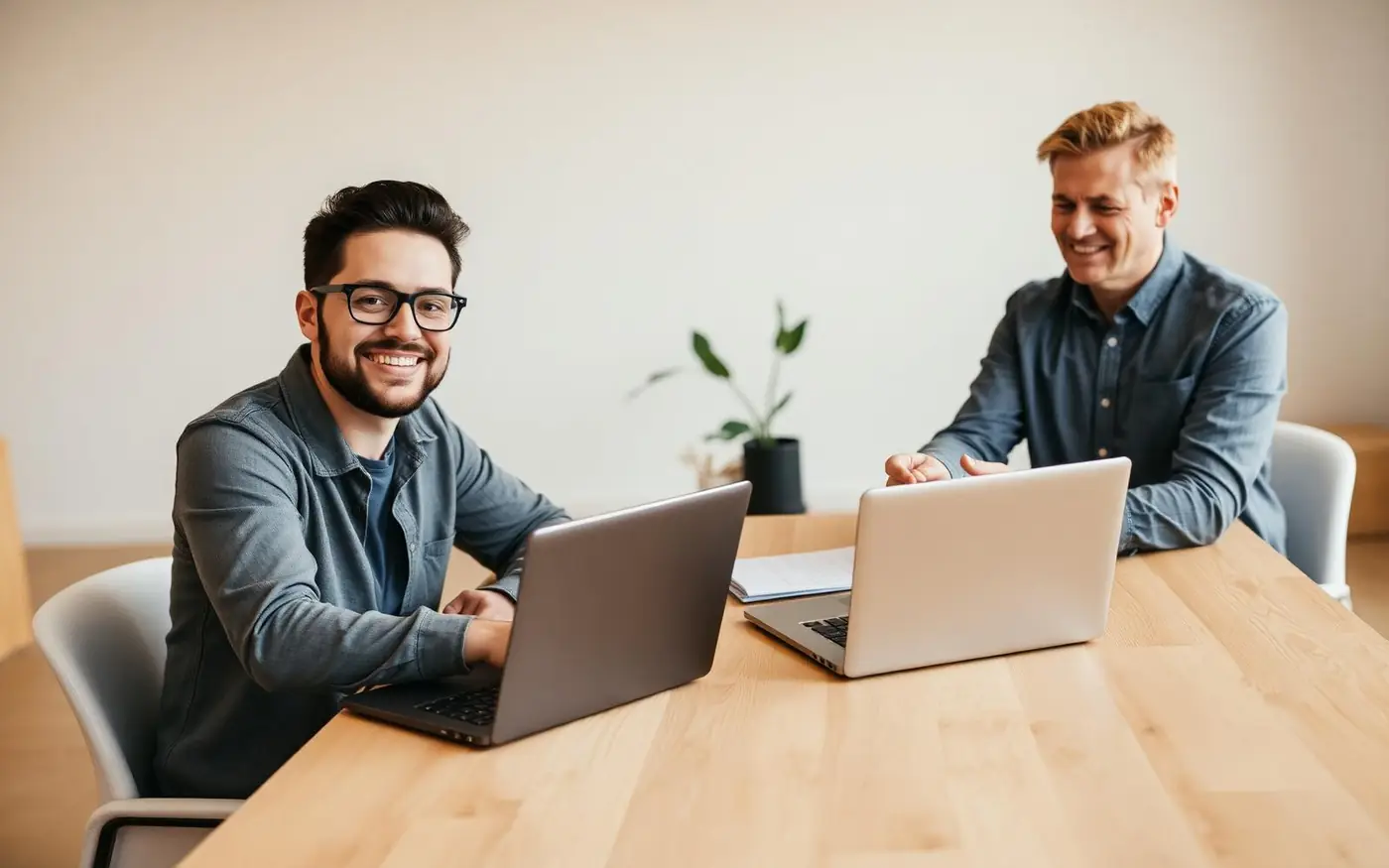 A creator sitting across a table from a brand manager, showing a simple campaign report on a laptop