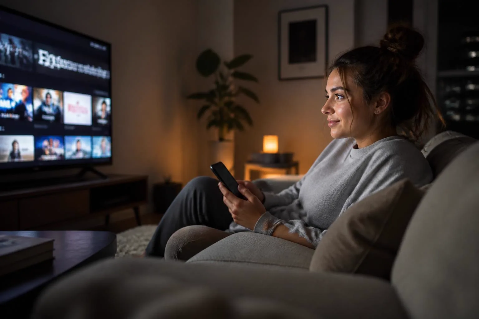 A couple relaxed on a sofa watching a YouTube video on a large television in a warm living room